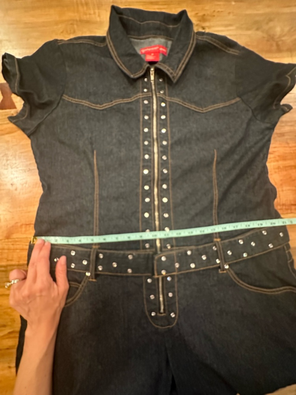 Goddess Plus Size 18 Denim Jumpsuit Rhinestone Belted Western Boho Y2K Flare XL - Picture 10 of 14